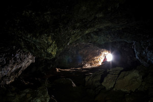 A workshop participant taking in the ocean view from the mouth of a cave