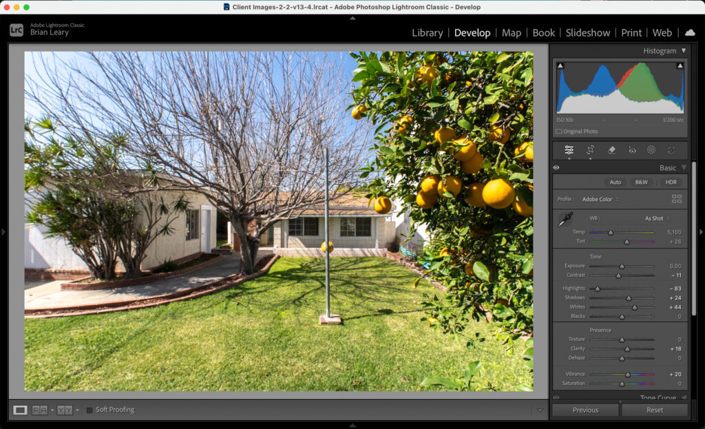 Adobe Lightroom Classic Develop panel showing global adjustments for a real estate exterior photo.